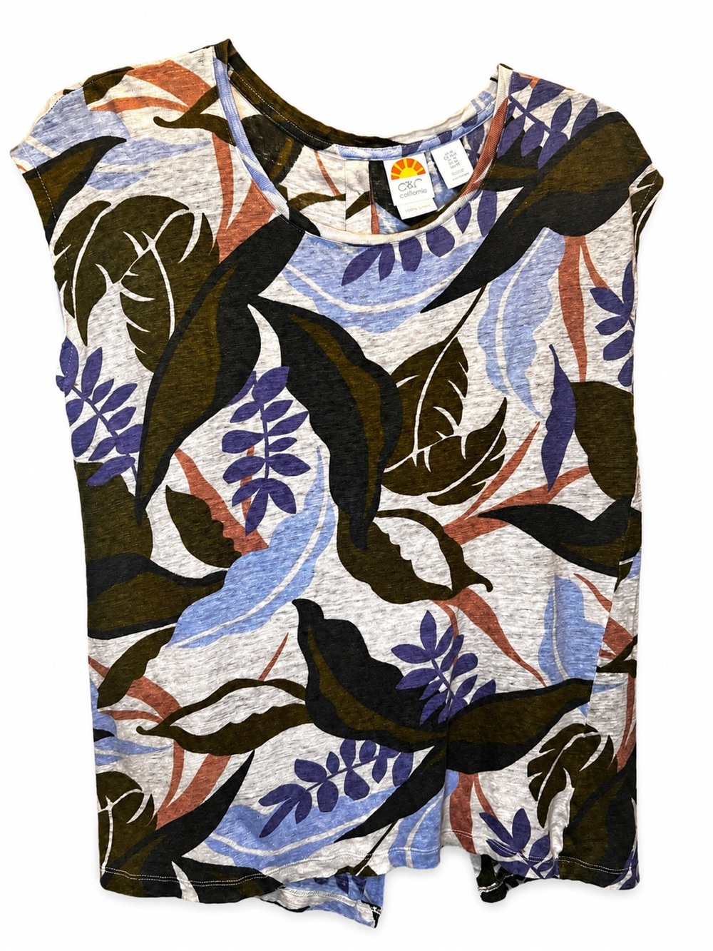 C&C California 100% Linen Coastal Resort Tropical Leaf Print Top Size M